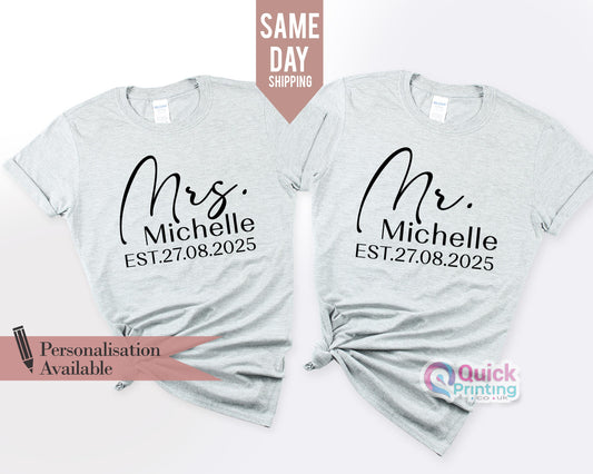 Mr Mrs Est. Personalised Name & Date T-Shirt, Ladies men's t-shirt 2026, Husband and Wife Couples Honeymoon Shirt, Honeymooning Anniversary