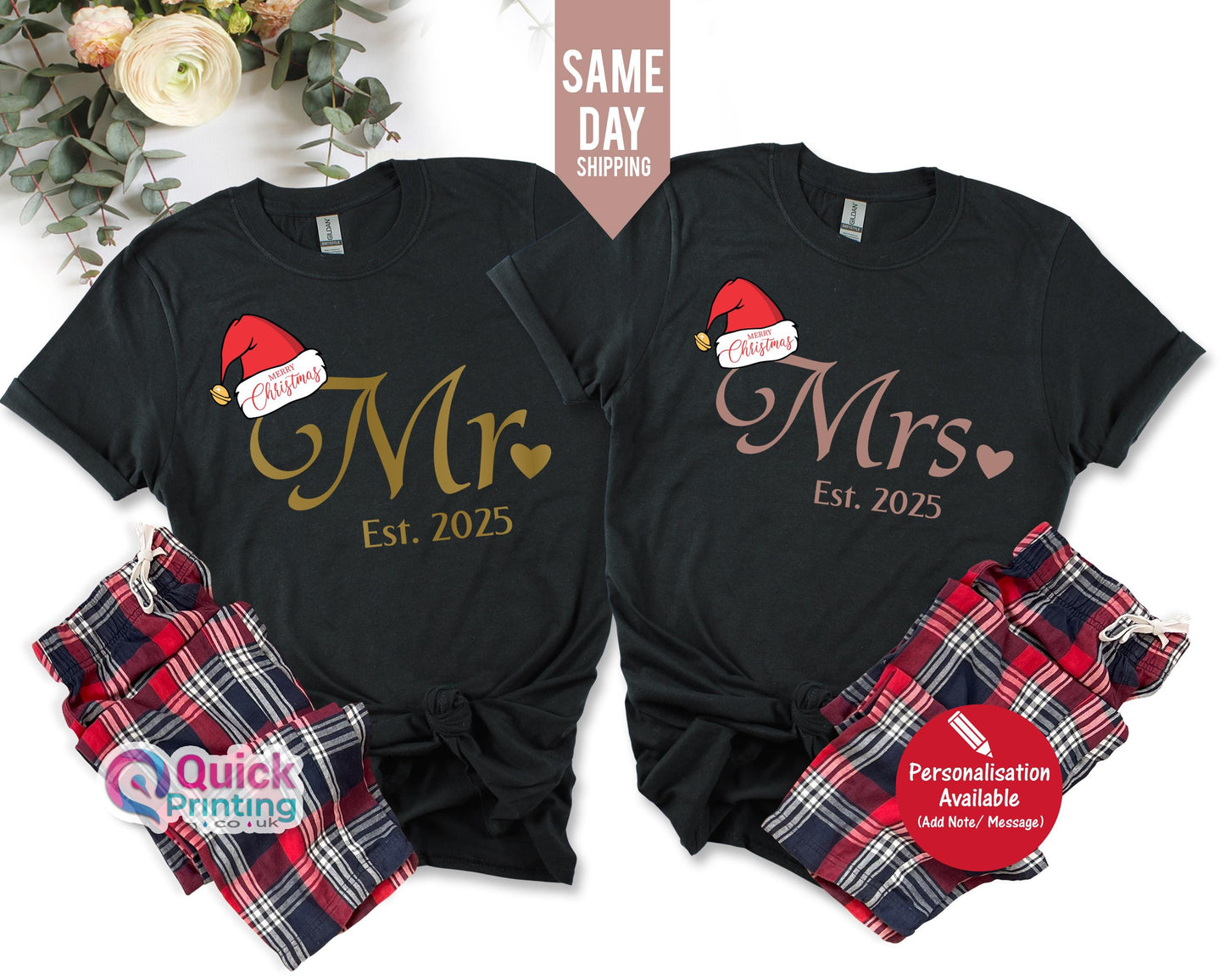 Personalised Mr Mrs Matching Christmas Couple Tshirt, Hubby Wifey Shirts, Newly married Christmas Shirt, Honeymoon Tshirt, Christmas Gifts