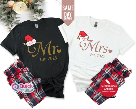 Personalised Mr Mrs Matching Christmas Couple Tshirt, Hubby Wifey Shirts, Newly married Christmas Shirt, Honeymoon Tshirt, Christmas Gifts
