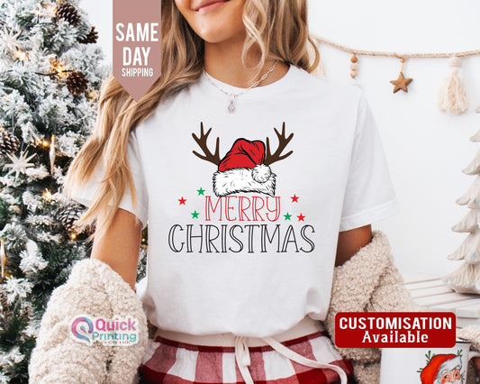 Santa Claus Reindeer T-shirt, Unisex Christmas Shirt, Merry Christmas Santa Hat Reindeer Shirt Cute Christmas T-shirt 2026, Family T-shirts