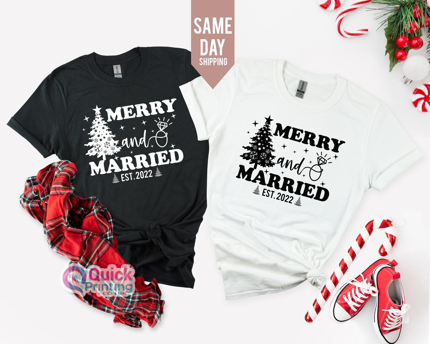 Merry and Married Shirt, Christmas Tree T-shirt, Engagement Shirt 2026,  Bride and Groom, Couples Christmas T-Shirt, Funny Couple Shirt