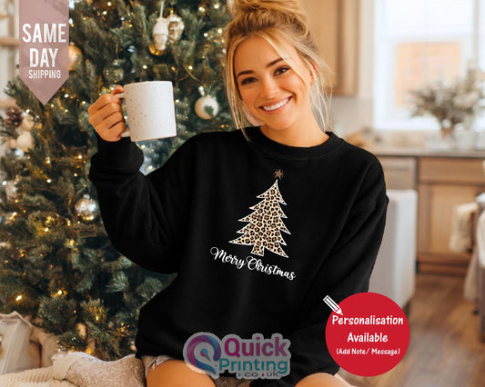 Leopard Christmas Tree Sweater, Merry Christmas Jumper SWEATER, Matching Family Xmas Jumper, Personalized Family Christmas Sweatshirt 2026