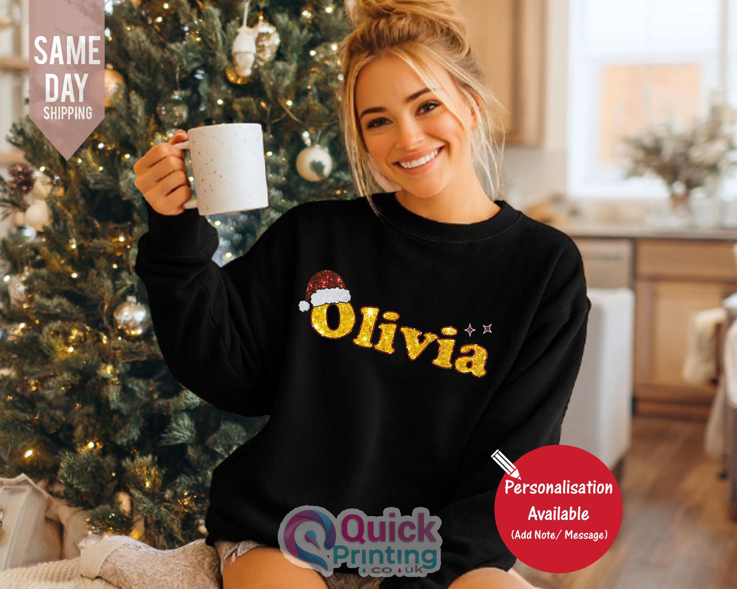 Glitter Effect Christmas Name Sweater, Merry Christmas Jumper SWEATER, Matching Family Xmas Jumper, Personalized Family Christmas Sweatshirt