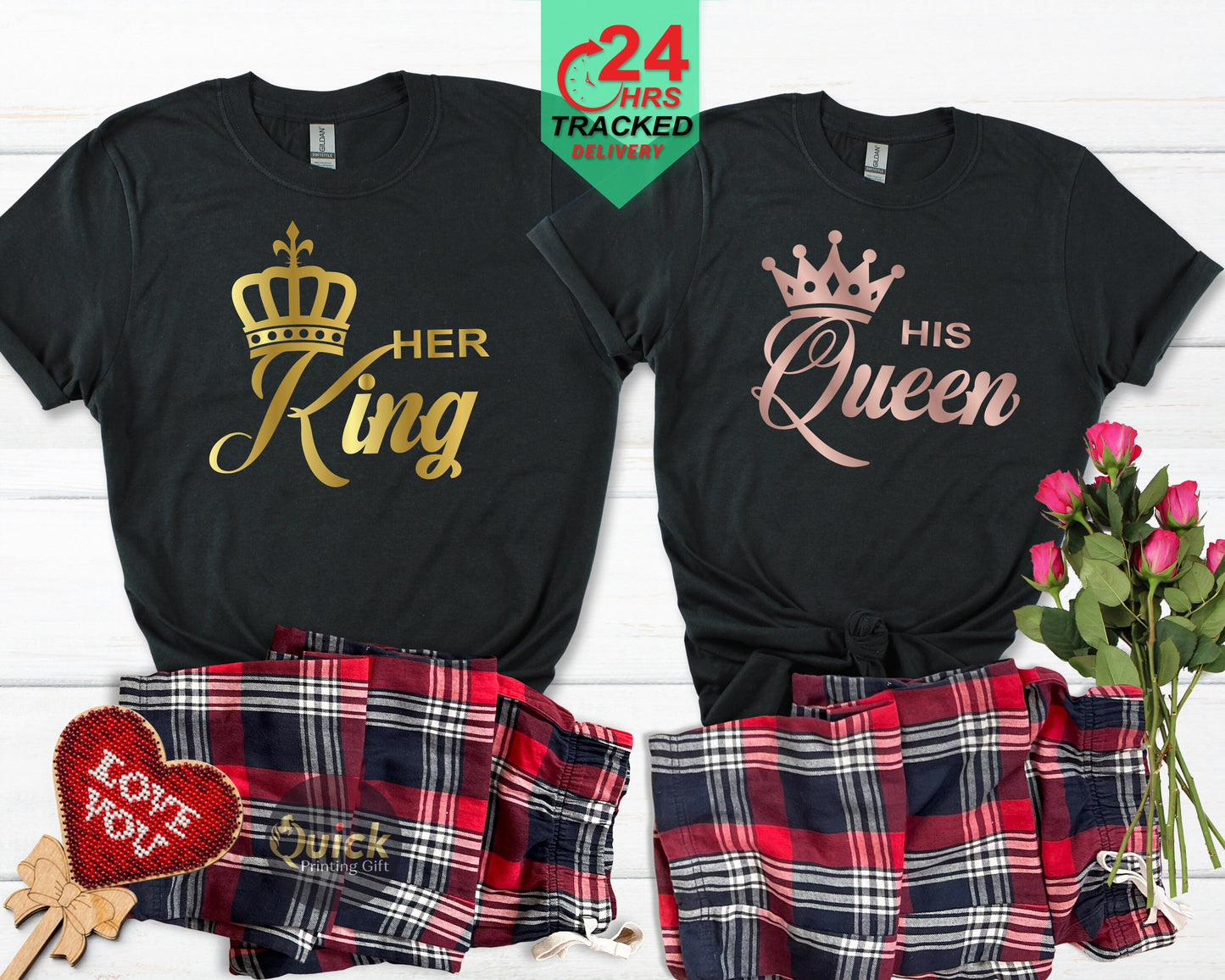 Matching His and Hers King Queen Tartan Pyjamas for him and her Valentines Gift Boyfriend girlfriend Couple matching Christmas Newly wed pjs